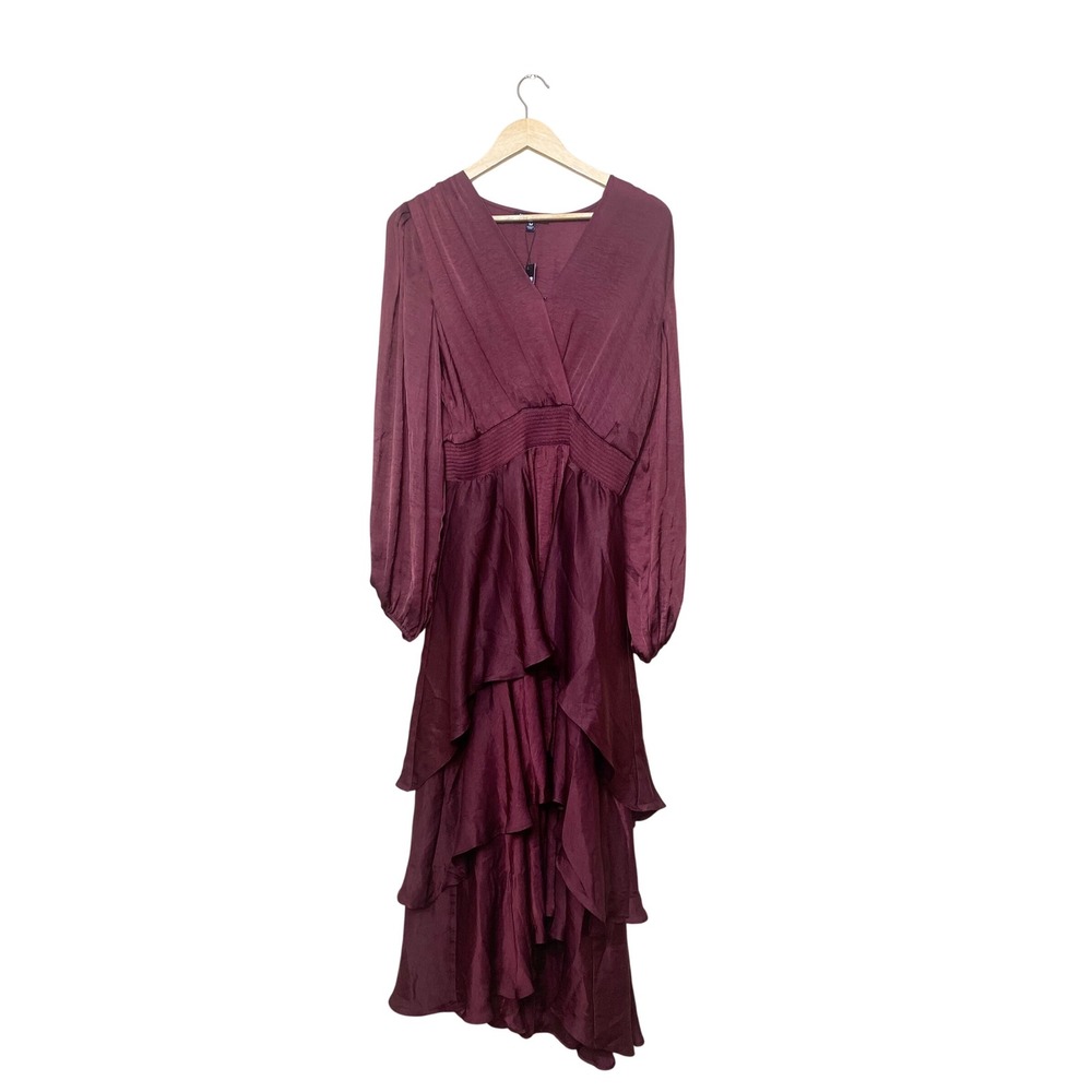 Steve Madden Burgundy Tiered Ruffle Maxi Dress Long Sleeve V-Neck Mens M